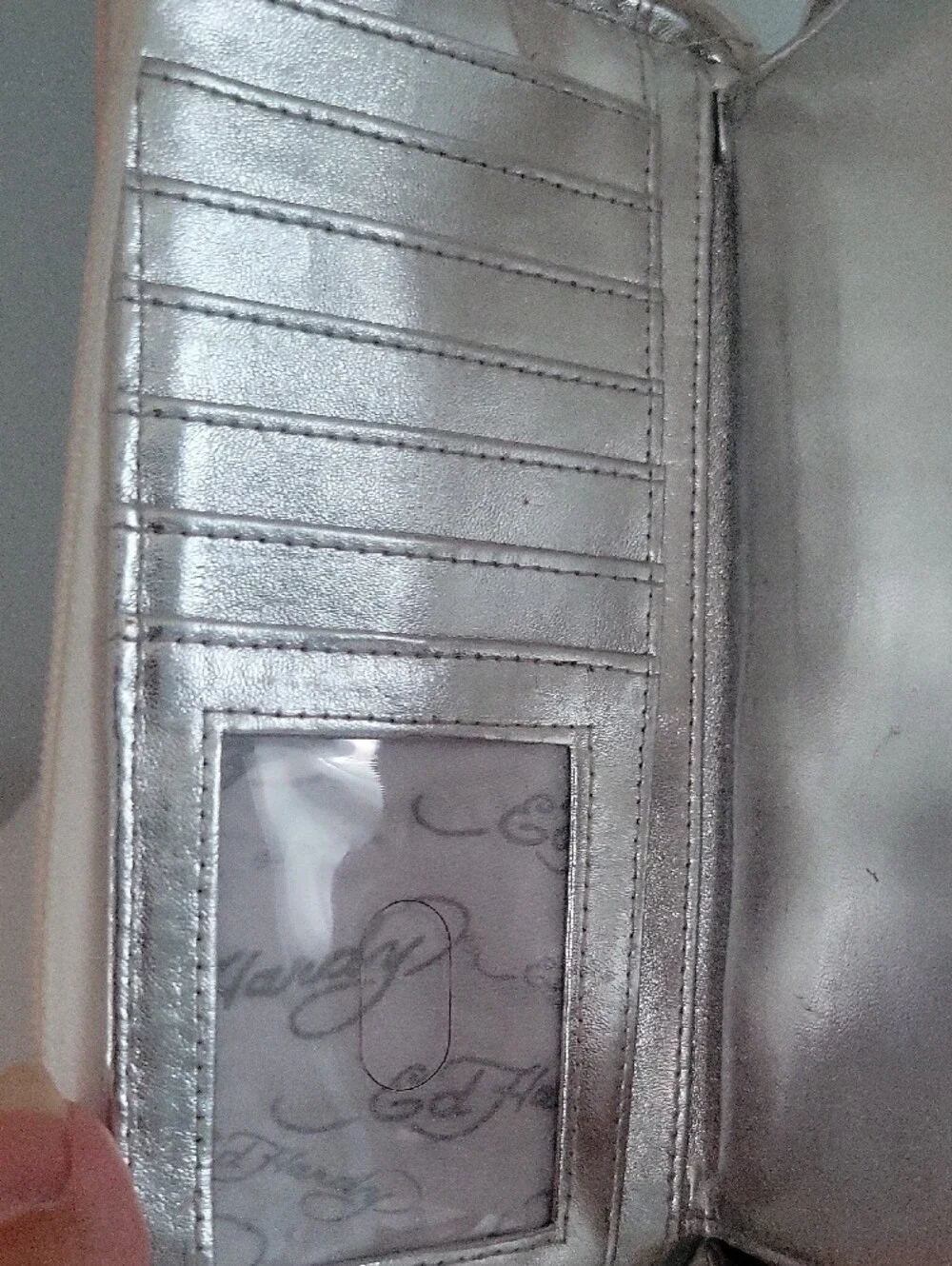 Ed Hardy Silver Peacock & Pink Rose Zip Phone Wallet